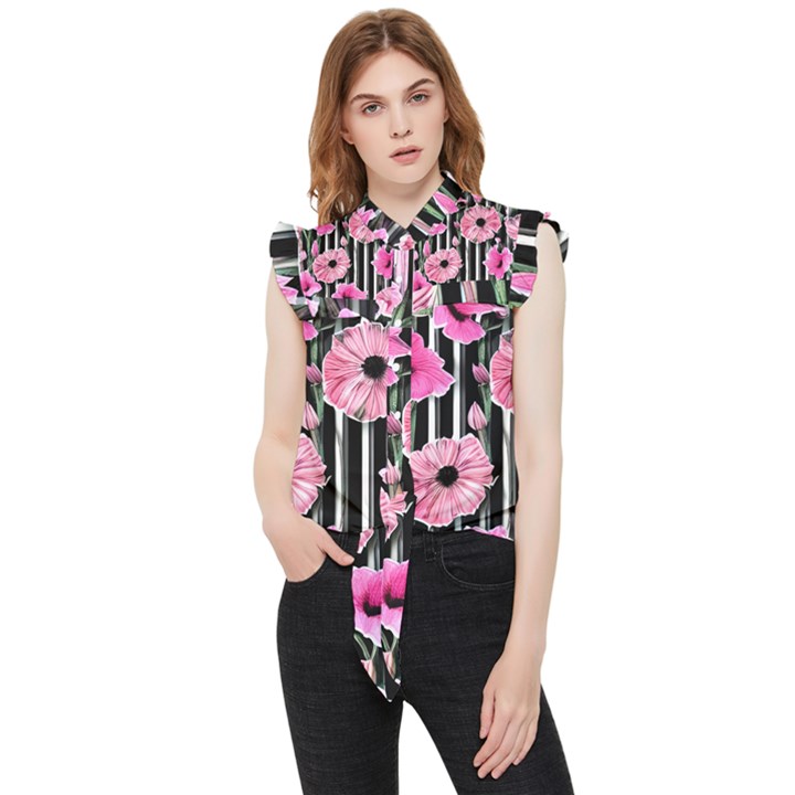 Black Stripes Beautifully watercolor flowers Frill Detail Shirt