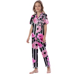 Black Stripes Beautifully Watercolor Flowers Kids  Satin Short Sleeve Pajamas Set by GardenOfOphir