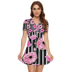 Black Stripes Beautifully Watercolor Flowers V-neck High Waist Chiffon Mini Dress