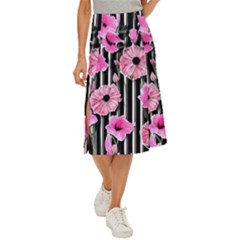 Black Stripes Beautifully Watercolor Flowers Midi Panel Skirt by GardenOfOphir