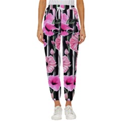 Black Stripes Beautifully Watercolor Flowers Cropped Drawstring Pants by GardenOfOphir