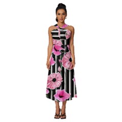 Black Stripes Beautifully Watercolor Flowers Sleeveless Cross Front Cocktail Midi Chiffon Dress