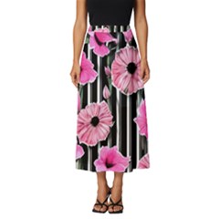 Black Stripes Beautifully Watercolor Flowers Classic Midi Chiffon Skirt by GardenOfOphir