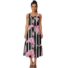 Black Stripes Beautifully Watercolor Flowers Square Neckline Tiered Midi Dress by GardenOfOphir