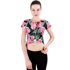 Expressive Watercolor Flowers Botanical Foliage Crew Neck Crop Top by GardenOfOphir