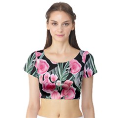 Expressive Watercolor Flowers Botanical Foliage Short Sleeve Crop Top by GardenOfOphir