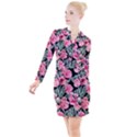 Expressive Watercolor Flowers Botanical Foliage Button Long Sleeve Dress View1