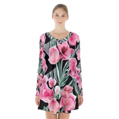 Expressive Watercolor Flowers Botanical Foliage Long Sleeve Velvet V-neck Dress