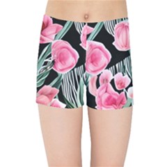 Expressive Watercolor Flowers Botanical Foliage Kids  Sports Shorts by GardenOfOphir