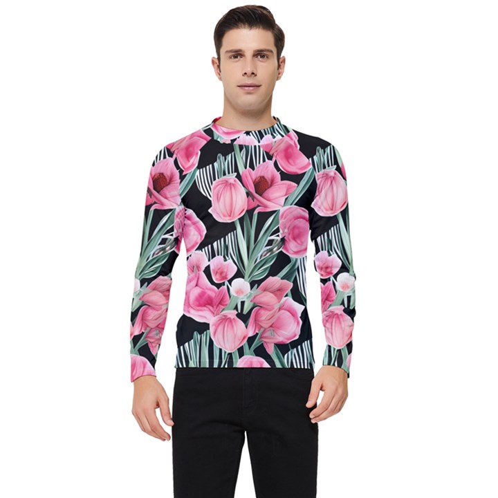 Expressive Watercolor Flowers Botanical Foliage Men s Long Sleeve Rash Guard