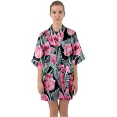 Expressive Watercolor Flowers Botanical Foliage Half Sleeve Satin Kimono  by GardenOfOphir