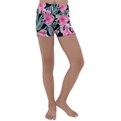 Expressive Watercolor Flowers Botanical Foliage Kids  Lightweight Velour Yoga Shorts by GardenOfOphir