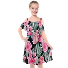 Expressive Watercolor Flowers Botanical Foliage Kids  Cut Out Shoulders Chiffon Dress by GardenOfOphir