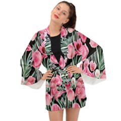 Expressive Watercolor Flowers Botanical Foliage Long Sleeve Kimono by GardenOfOphir