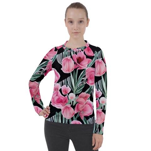 Expressive Watercolor Flowers Botanical Foliage Women s Pique Long Sleeve Tee by GardenOfOphir