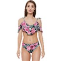 Expressive Watercolor Flowers Botanical Foliage Ruffle Edge Tie Up Bikini Set	 View1