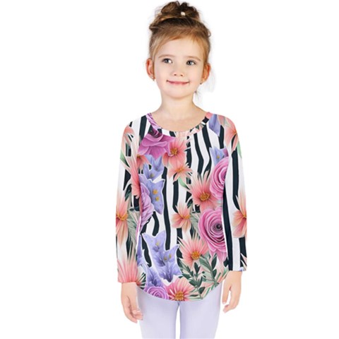 Delightful Watercolor Flowers And Foliage Kids  Long Sleeve Tee by GardenOfOphir