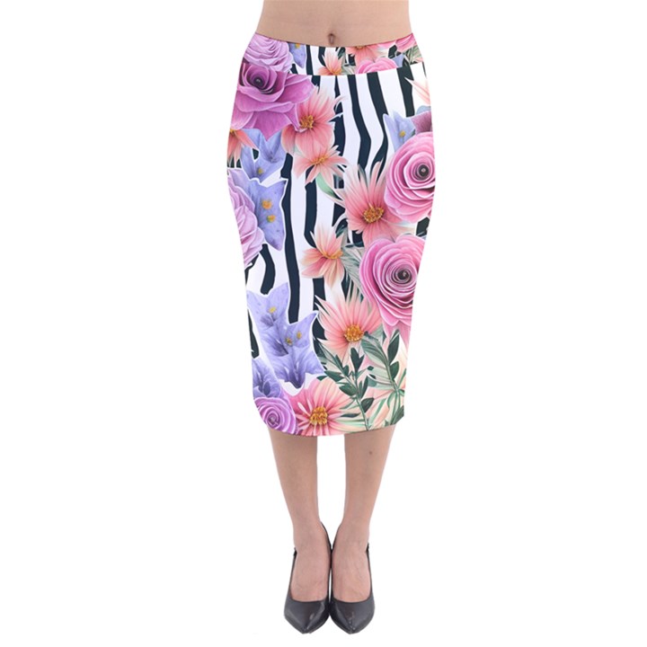 Delightful watercolor flowers and foliage Velvet Midi Pencil Skirt