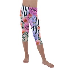 Delightful Watercolor Flowers And Foliage Kids  Lightweight Velour Capri Leggings  by GardenOfOphir