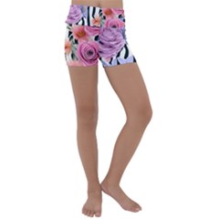 Delightful Watercolor Flowers And Foliage Kids  Lightweight Velour Yoga Shorts by GardenOfOphir