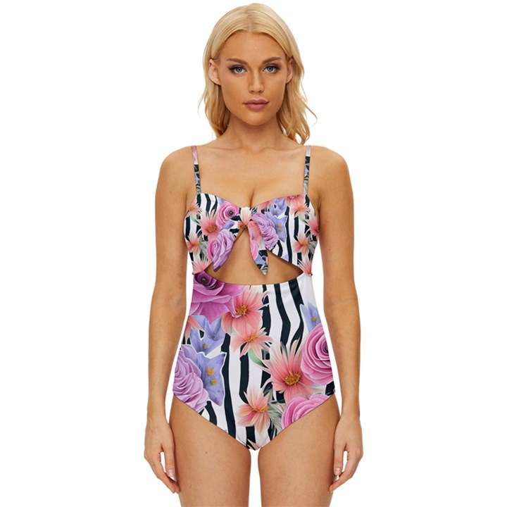 Delightful watercolor flowers and foliage Knot Front One-Piece Swimsuit