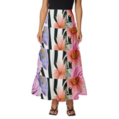 Delightful Watercolor Flowers And Foliage Tiered Ruffle Maxi Skirt