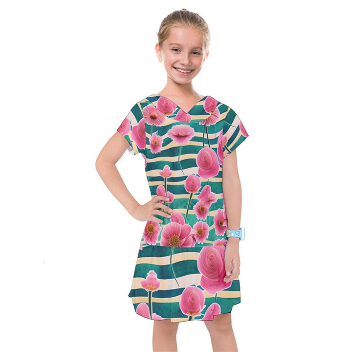 Different Watercolor Flowers Botanical Foliage Kids  Drop Waist Dress