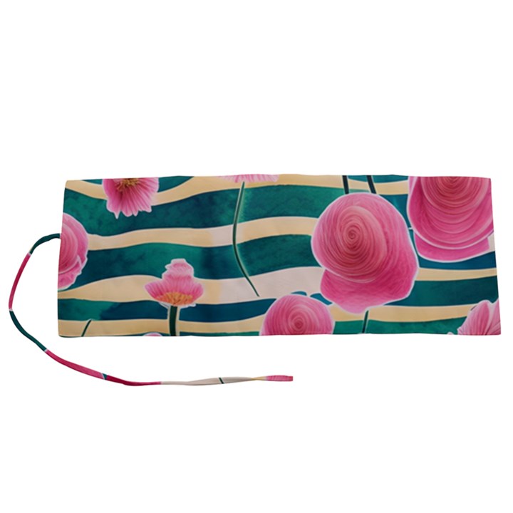 Different Watercolor Flowers Botanical Foliage Roll Up Canvas Pencil Holder (S)