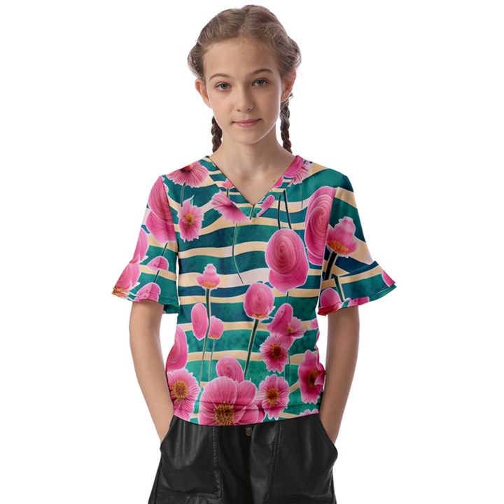 Different Watercolor Flowers Botanical Foliage Kids  V-Neck Horn Sleeve Blouse