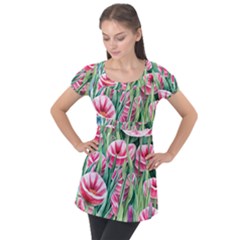 Cute Watercolor Flowers And Foliage Puff Sleeve Tunic Top by GardenOfOphir