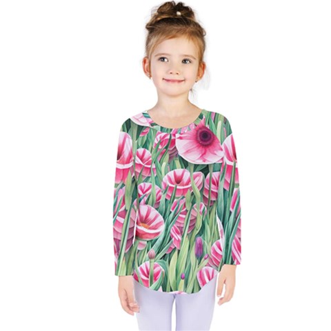 Cute Watercolor Flowers And Foliage Kids  Long Sleeve Tee by GardenOfOphir