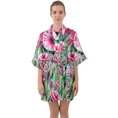 Cute Watercolor Flowers And Foliage Half Sleeve Satin Kimono  by GardenOfOphir