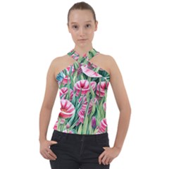 Cute Watercolor Flowers And Foliage Cross Neck Velour Top by GardenOfOphir