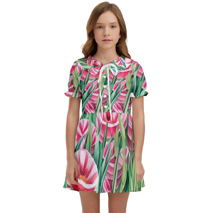 Cute watercolor flowers and foliage Kids  Sweet Collar Dress