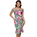 Cute watercolor flowers and foliage Off Shoulder Ruffle Split Hem Bodycon Dress View1