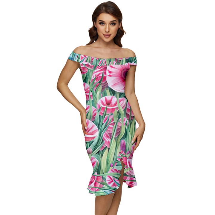 Cute watercolor flowers and foliage Off Shoulder Ruffle Split Hem Bodycon Dress