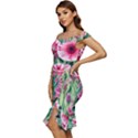 Cute watercolor flowers and foliage Off Shoulder Ruffle Split Hem Bodycon Dress View2