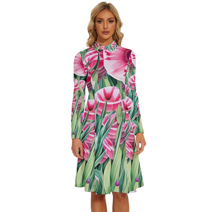 Cute watercolor flowers and foliage Long Sleeve Shirt Collar A-Line Dress