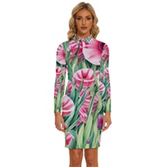 Cute Watercolor Flowers And Foliage Long Sleeve Shirt Collar Bodycon Dress