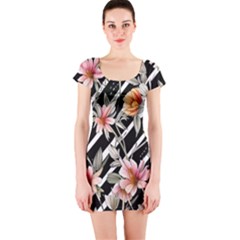 Celestial Watercolor Flowers Short Sleeve Bodycon Dress