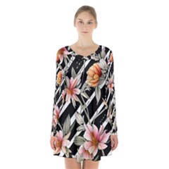 Celestial Watercolor Flowers Long Sleeve Velvet V-neck Dress