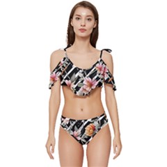 Celestial Watercolor Flowers Ruffle Edge Tie Up Bikini Set	