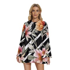 Celestial Watercolor Flowers Round Neck Long Sleeve Bohemian Style Chiffon Mini Dress