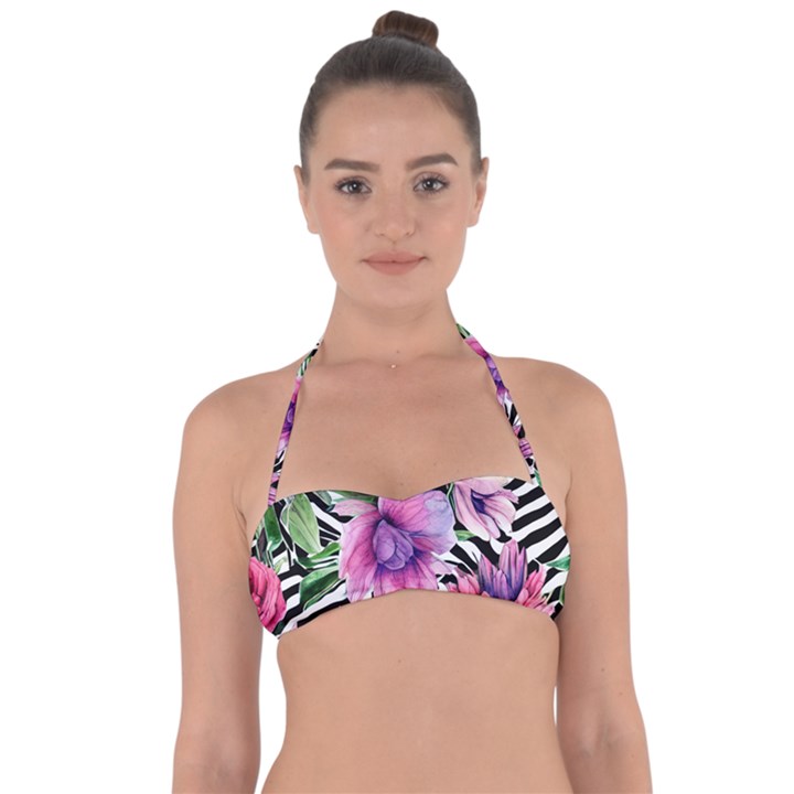 Classy and Chic Watercolor Flowers Halter Bandeau Bikini Top