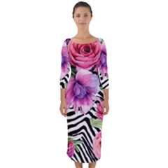 Classy And Chic Watercolor Flowers Quarter Sleeve Midi Bodycon Dress by GardenOfOphir