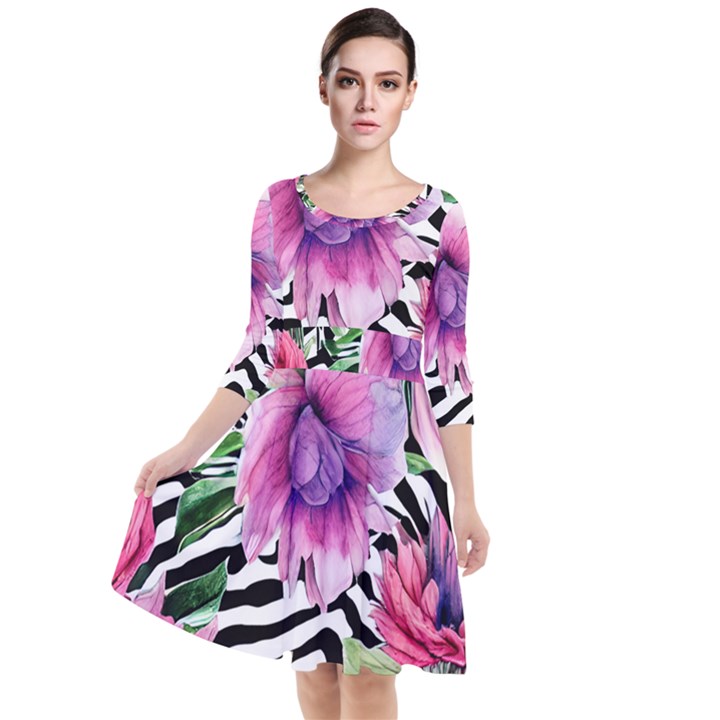 Classy and Chic Watercolor Flowers Quarter Sleeve Waist Band Dress