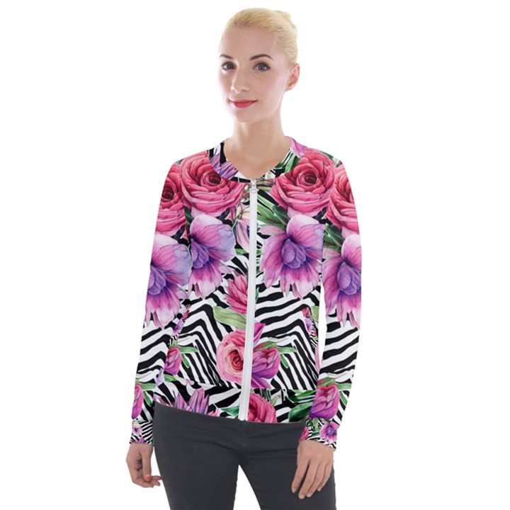 Classy and Chic Watercolor Flowers Velvet Zip Up Jacket