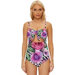 Classy And Chic Watercolor Flowers Knot Front One-piece Swimsuit by GardenOfOphir