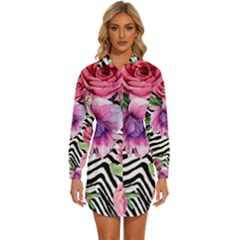 Classy And Chic Watercolor Flowers Womens Long Sleeve Shirt Dress