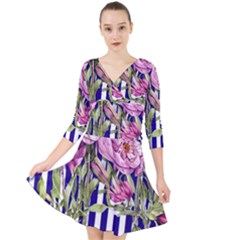 Classy And Chic Watercolor Flowers Quarter Sleeve Front Wrap Dress by GardenOfOphir